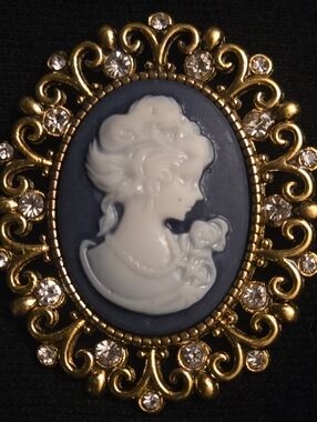 EUC Beautiful Goldtone Clear Rhinestone Plastic Cameo Woman Brooch Pin